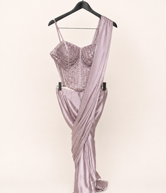 Corset top Heavy Design Pre-Stiched Saree Rose Gold Hanging beads