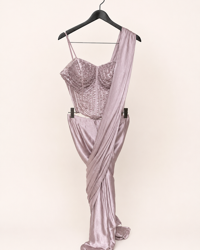 Corset top Heavy Design Pre-Stiched Saree Rose Gold Hanging beads