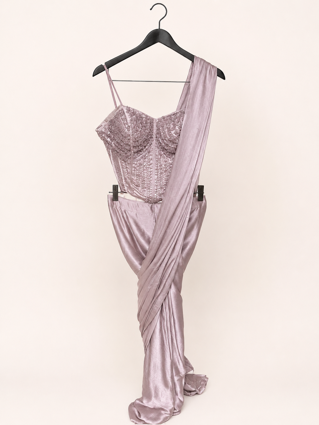 Corset top Heavy Design Pre-Stiched Saree Rose Gold Hanging beads