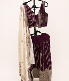 White and Purple Striped Cross Cut Choli Design with Sleeveless Top
