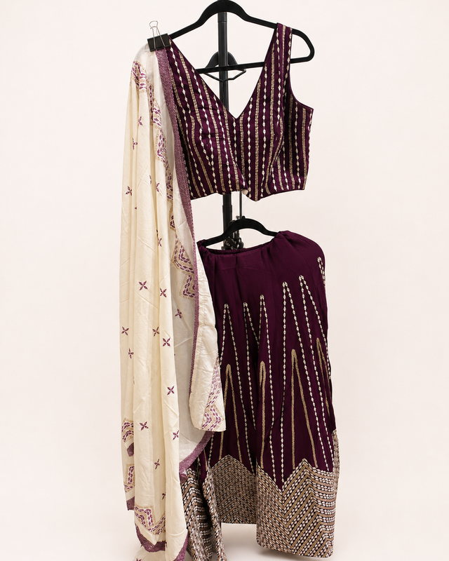 White and Purple Striped Cross Cut Choli Design with Sleeveless Top