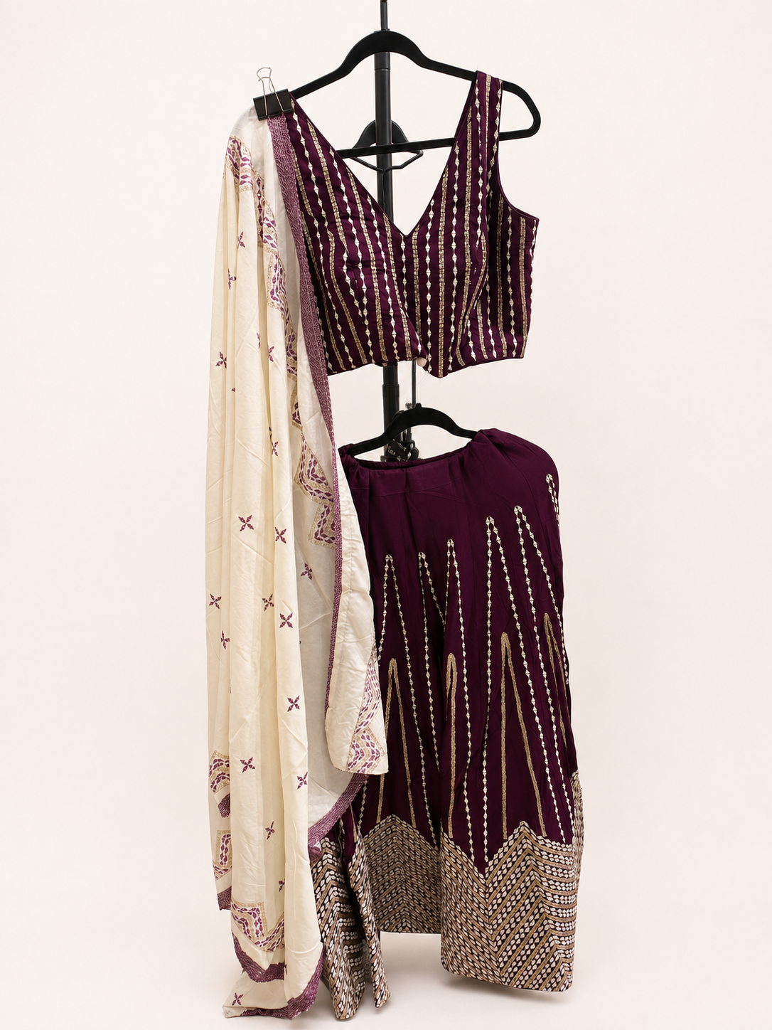 White and Purple Striped Cross Cut Choli Design with Sleeveless Top