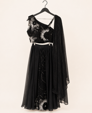 Black Floral Stone Sequence Sleeveless Top Attached Dupatta