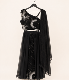 Black Floral Stone Sequence Sleeveless Top Attached Dupatta