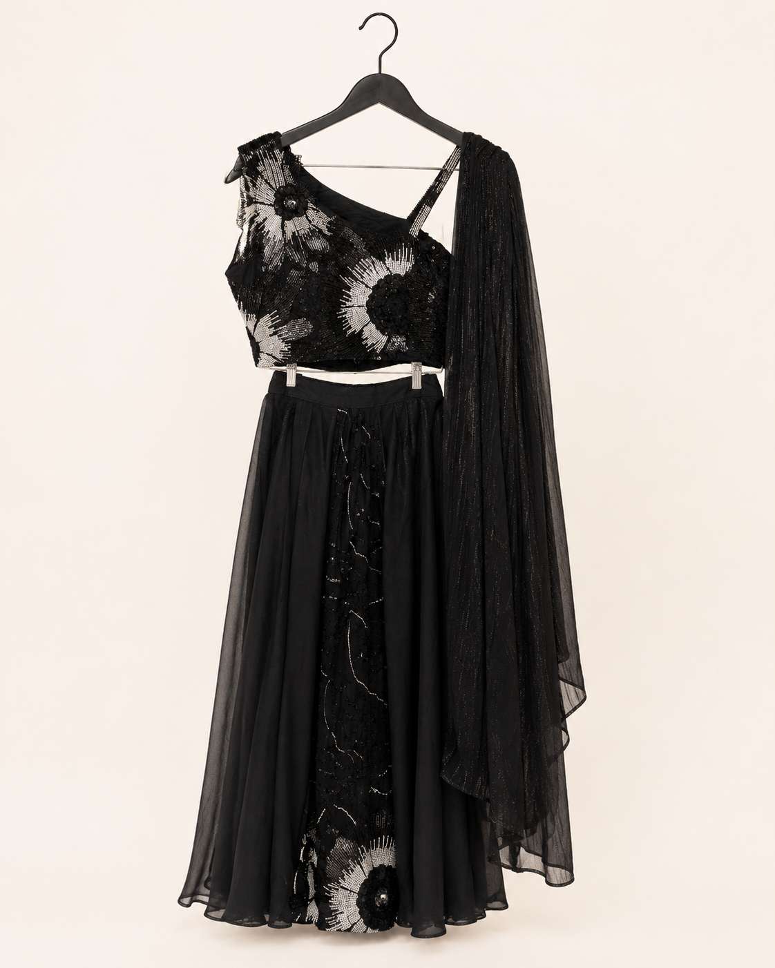 Black Floral Stone Sequence Sleeveless Top Attached Dupatta