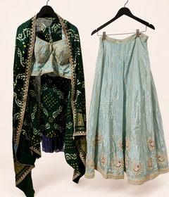 Metallic Blue Lehenga Set with Green Bhandni Dupatta