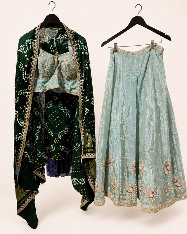 Metallic Blue Lehenga Set with Green Bhandni Dupatta