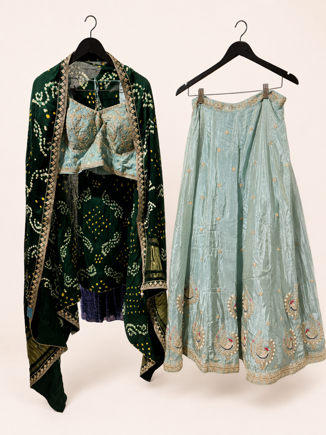 Metallic Blue Lehenga Set with Green Bhandni Dupatta