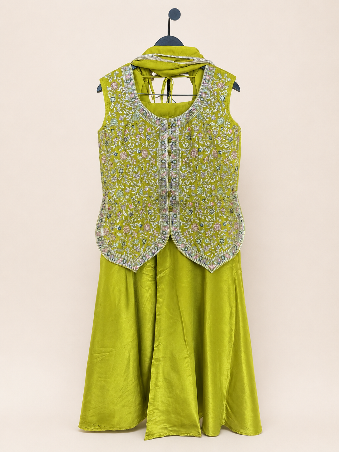 Palazzo Set Button Palazzo Set Mehndi Green Color with Floral Embroidery