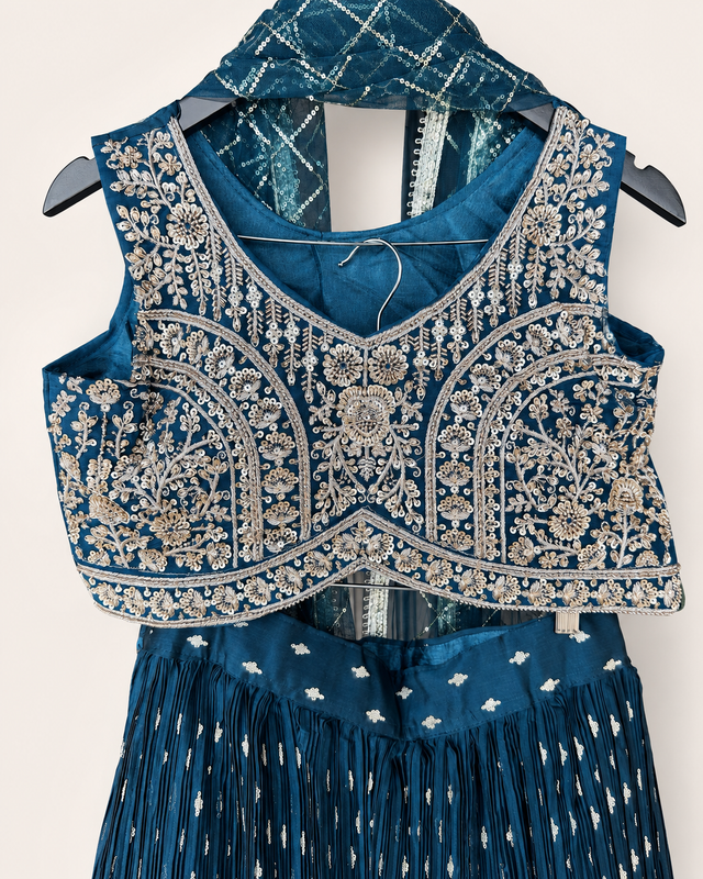 Blue Lehenga Set with Gold Embroidery and Net Dupatta