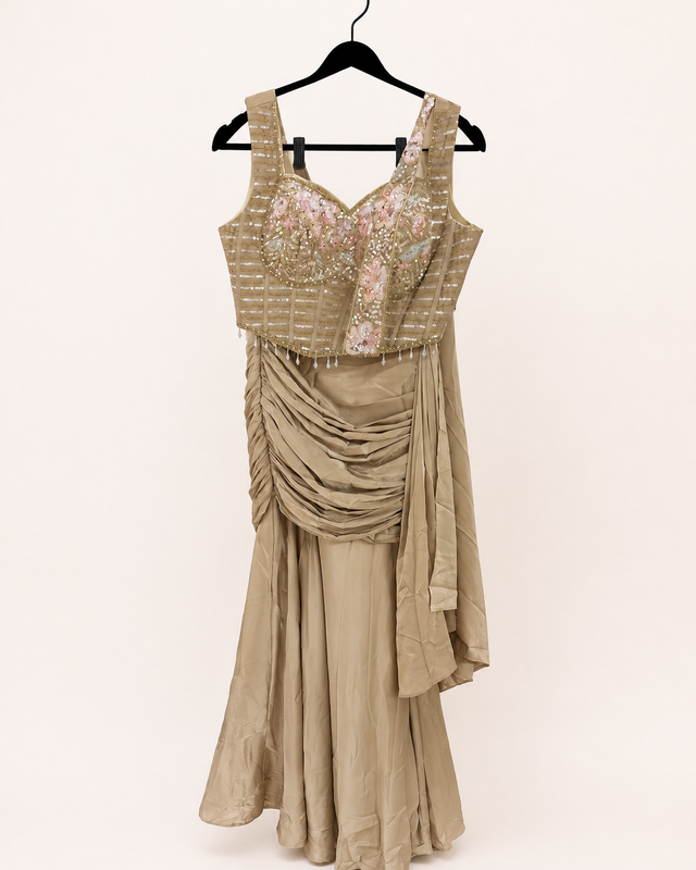 Silky Golden Hour Coset Top with Elegant Skirt Cut and Attached dupatta Pre-Stiched stitched sari
