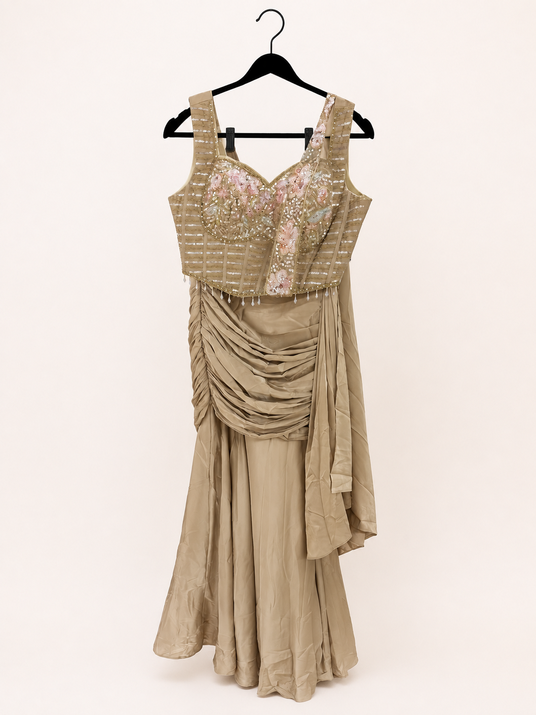 Silky Golden Hour Coset Top with Elegant Skirt Cut and Attached dupatta Pre-Stiched stitched sari