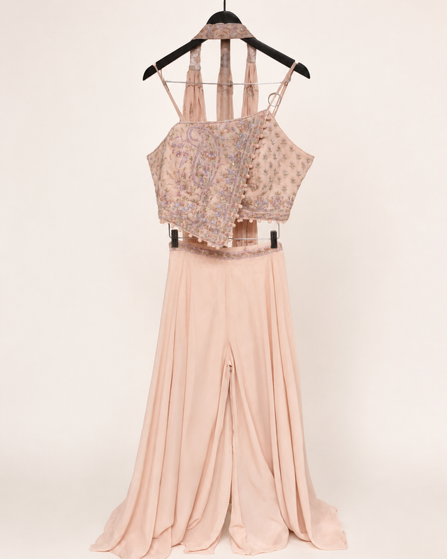 Light Peach Asymmetrical Top with spaghetti straps palazzo set