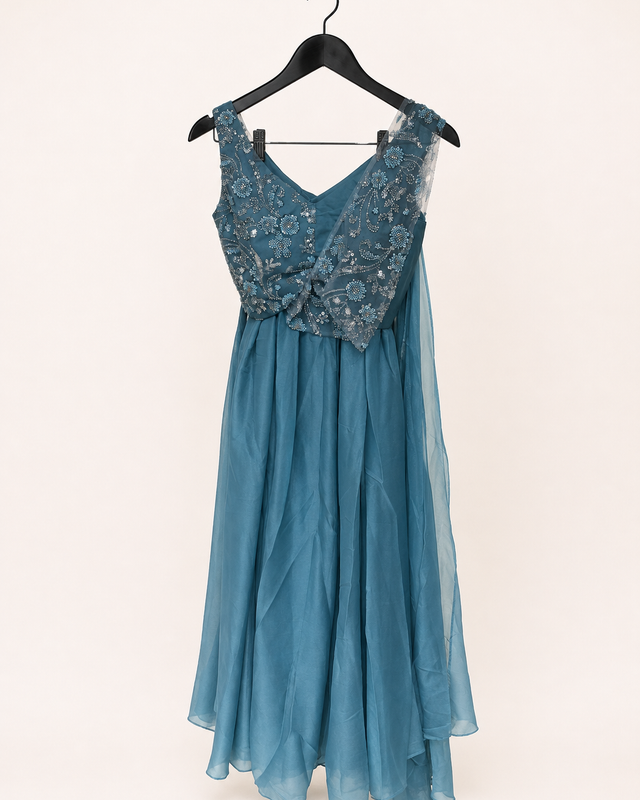 All Blue Sober with attached Top Sequence Dupatta Dress