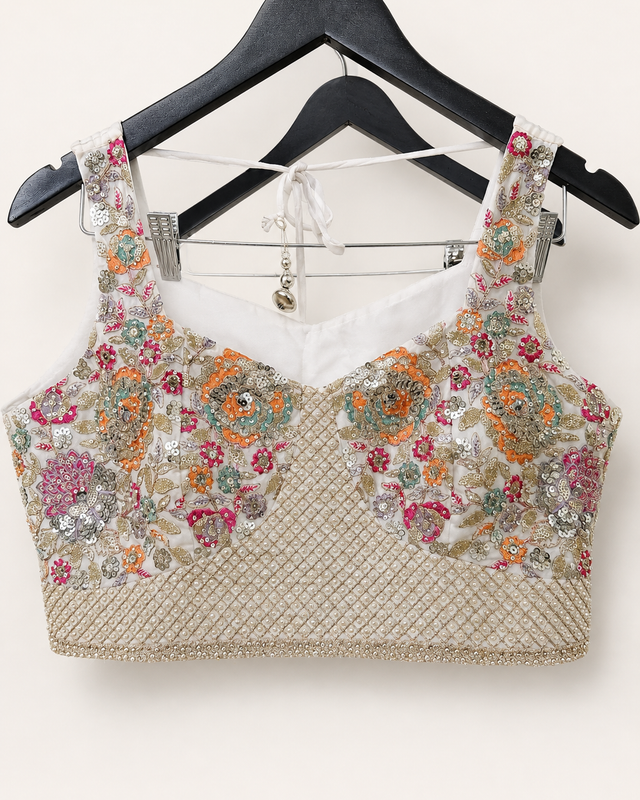 White and Purple Crop Top Floral Palazzo Set with Gold Embroidery and Pink Cape As Dupatta