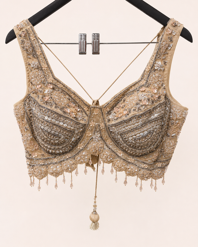 Heavy Golden Crop Top with Soft Pre-Stiched Saree