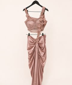 Peach Satin Pre-Stiched  Saree with Net Top and Dangling Beads . Simple floral Design