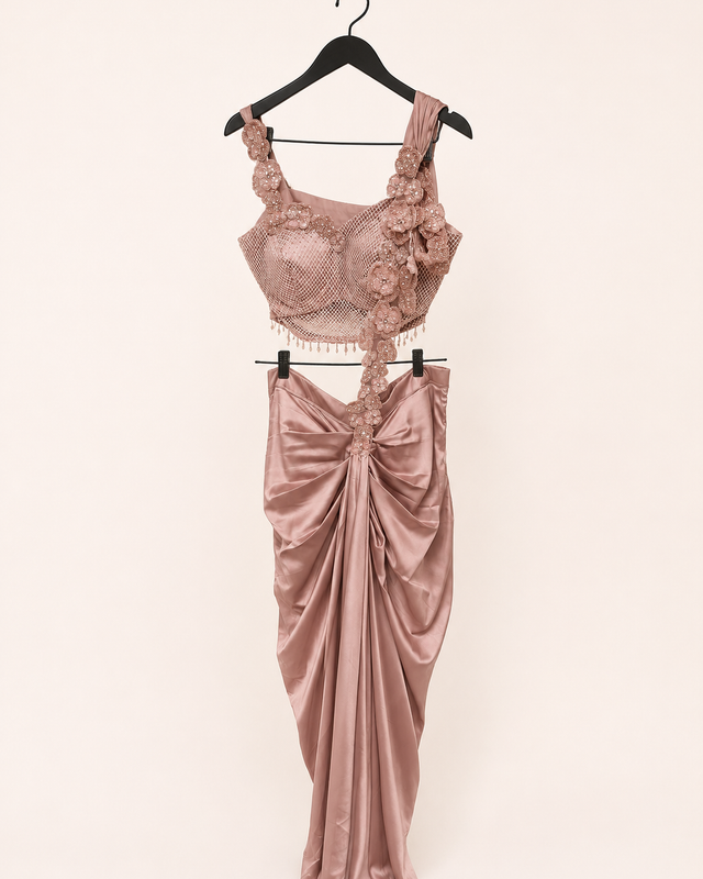 Peach Satin Pre-Stiched  Saree with Net Top and Dangling Beads . Simple floral Design