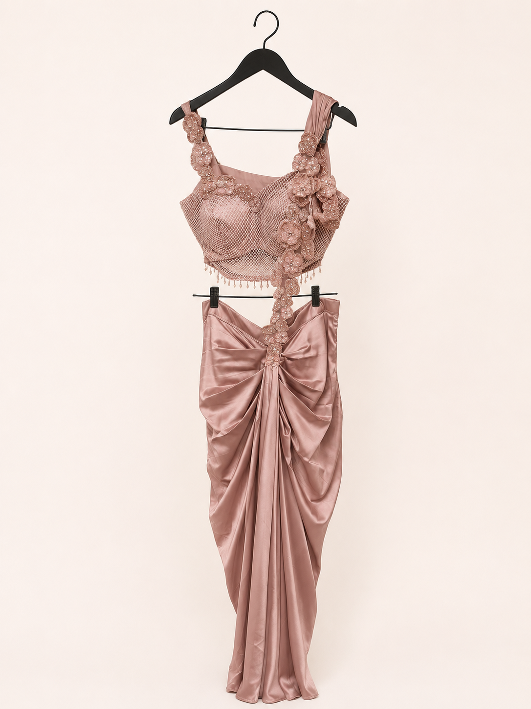 Peach Satin Pre-Stiched  Saree with Net Top and Dangling Beads . Simple floral Design