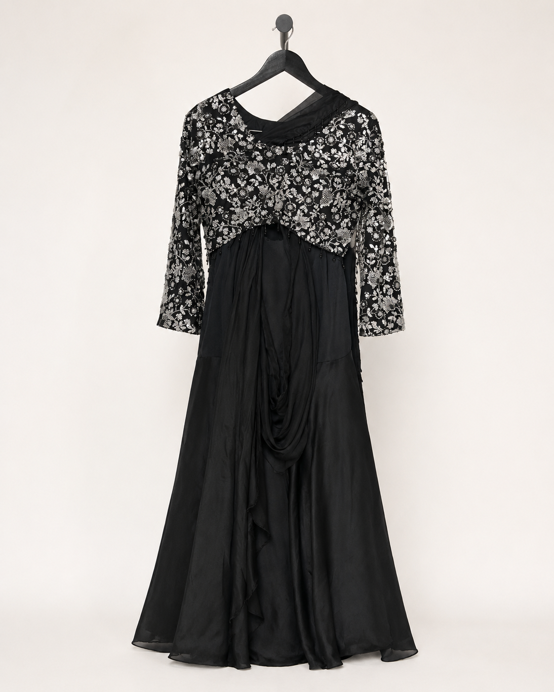 Black sequence dupatta attached to skirt long sleeve dangled beads