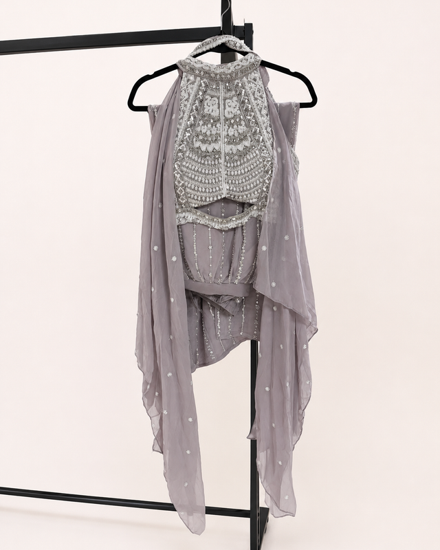 Lavender Purple with White Halter Top Embroidery and Sequence Palazzo Set Heavy striped Pant