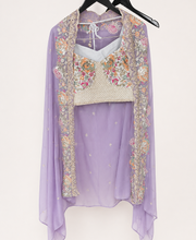 White and Purple Crop Top Floral Palazzo Set with Gold Embroidery and Pink Cape As Dupatta
