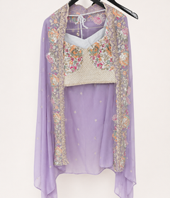 White and Purple Crop Top Floral Palazzo Set with Gold Embroidery and Pink Cape As Dupatta
