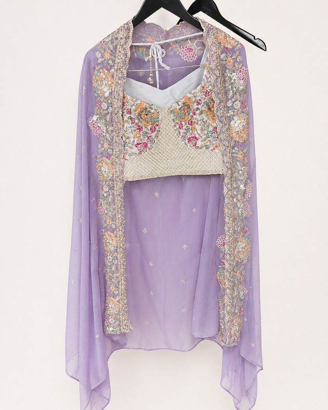 White and Purple Crop Top Floral Palazzo Set with Gold Embroidery and Pink Cape As Dupatta