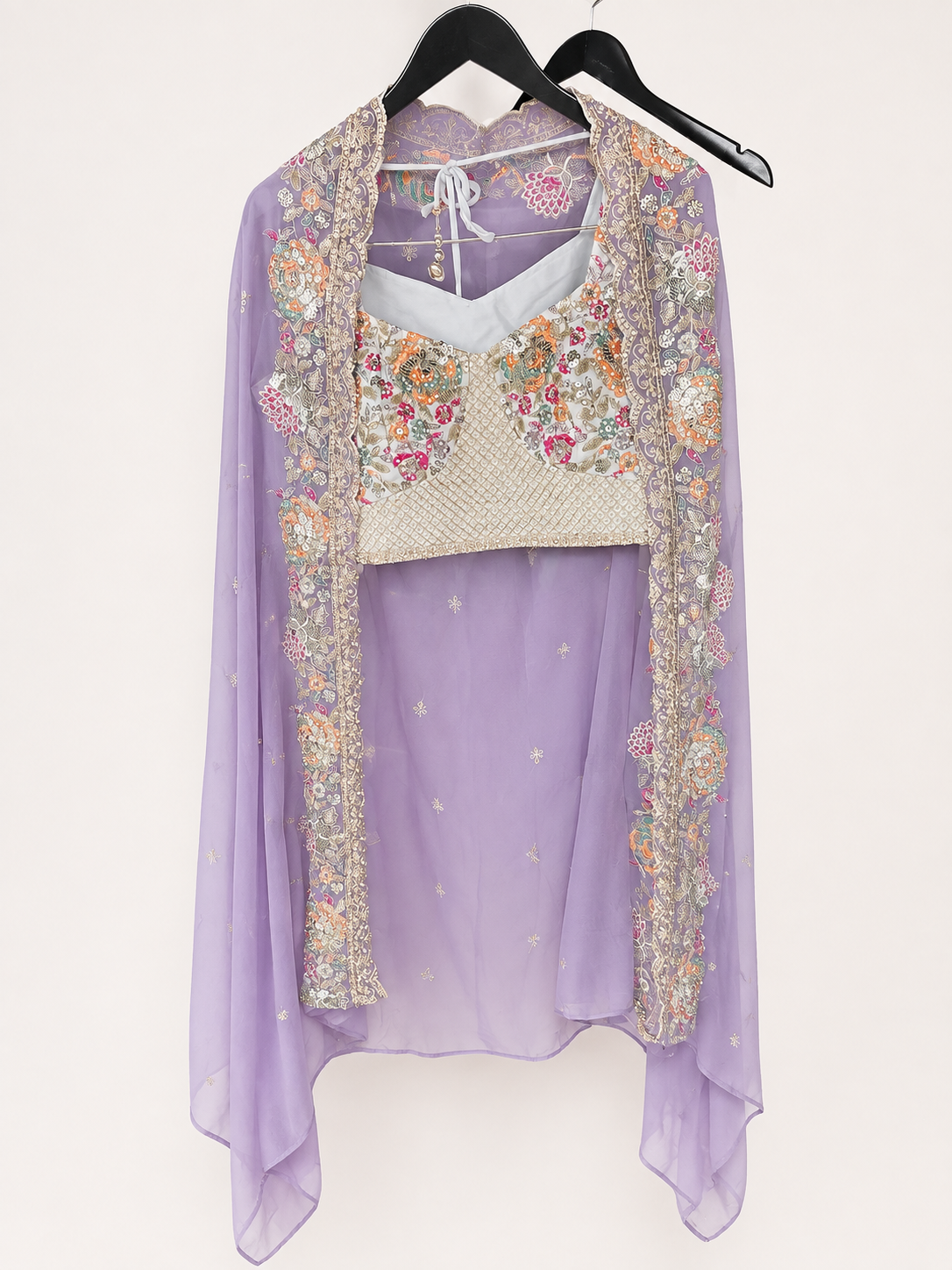 White and Purple Crop Top Floral Palazzo Set with Gold Embroidery and Pink Cape As Dupatta