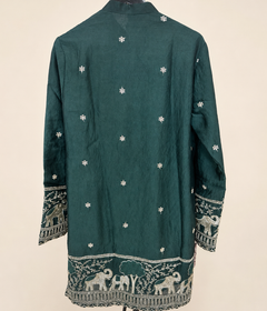 Mens Button Green Soft Material Kurta with Gold Elephant Embroidery