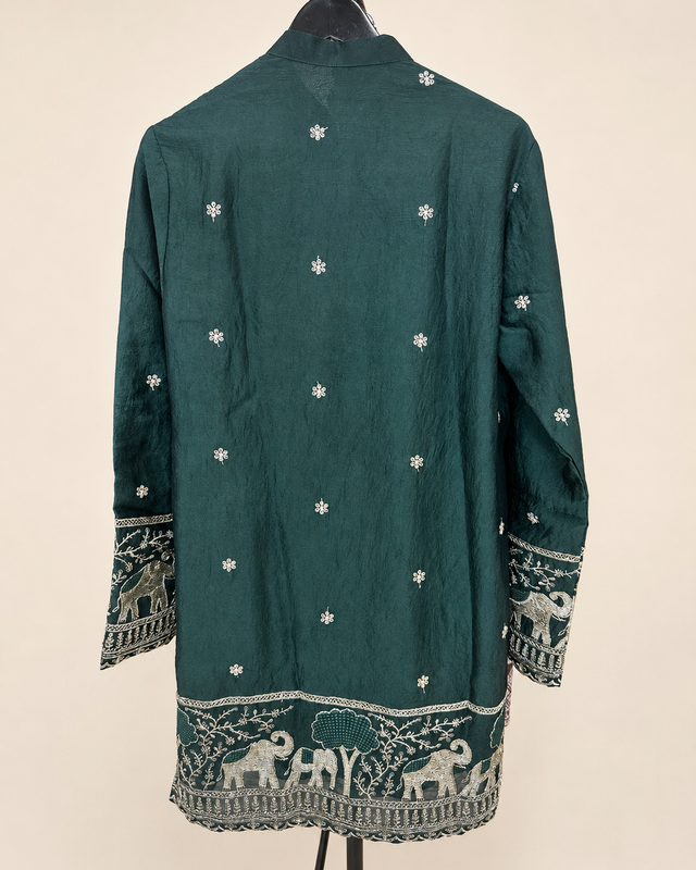 Mens Button Green Soft Material Kurta with Gold Elephant Embroidery