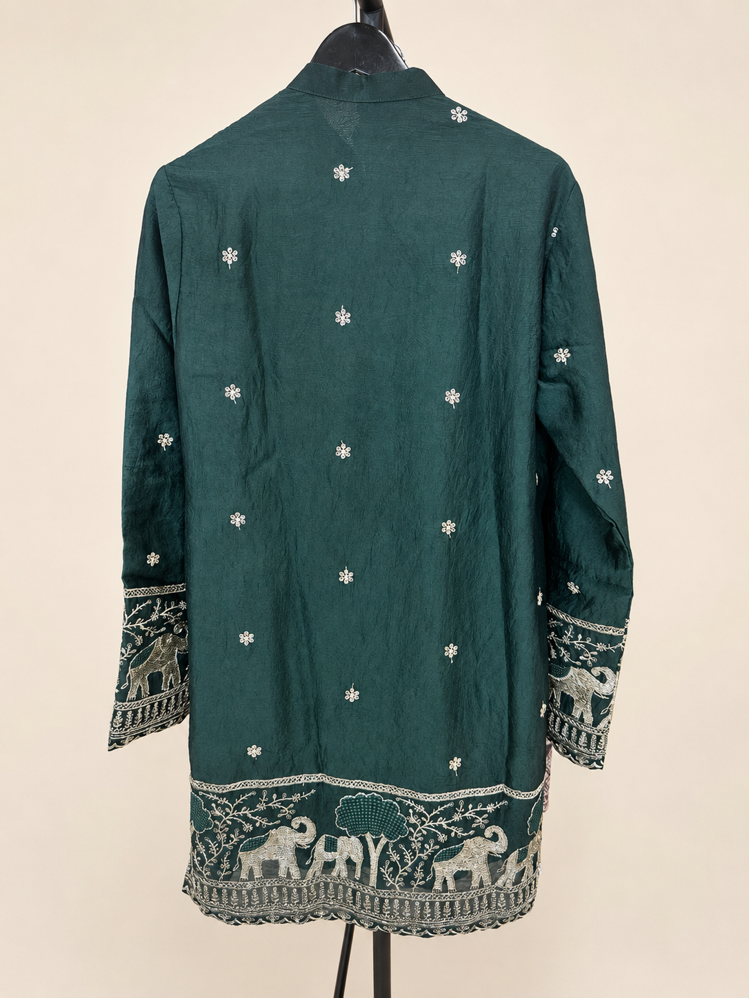 Mens Button Green Soft Material Kurta with Gold Elephant Embroidery