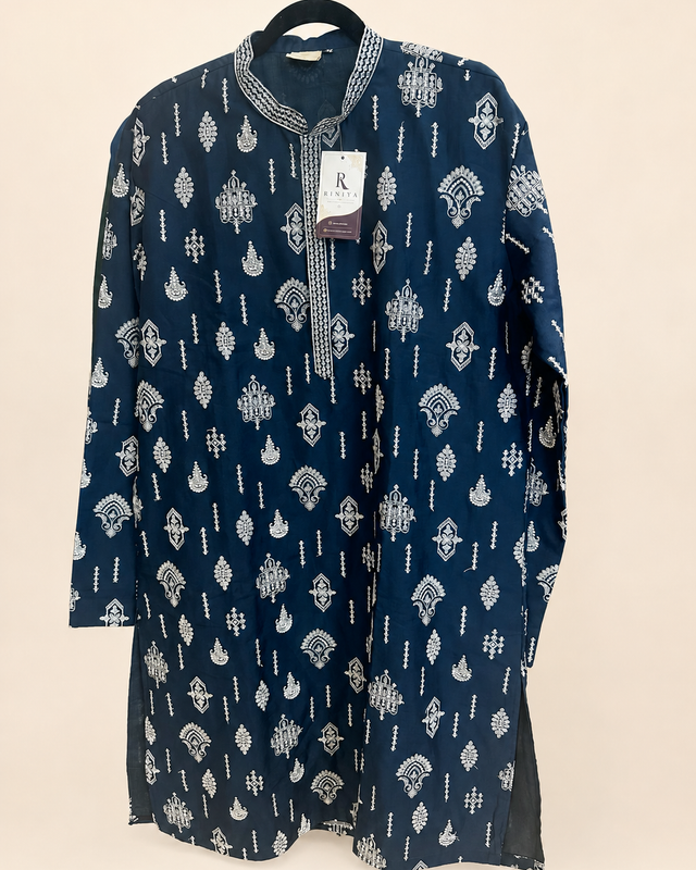 Navy Blue White Design Heavy Silk Mens