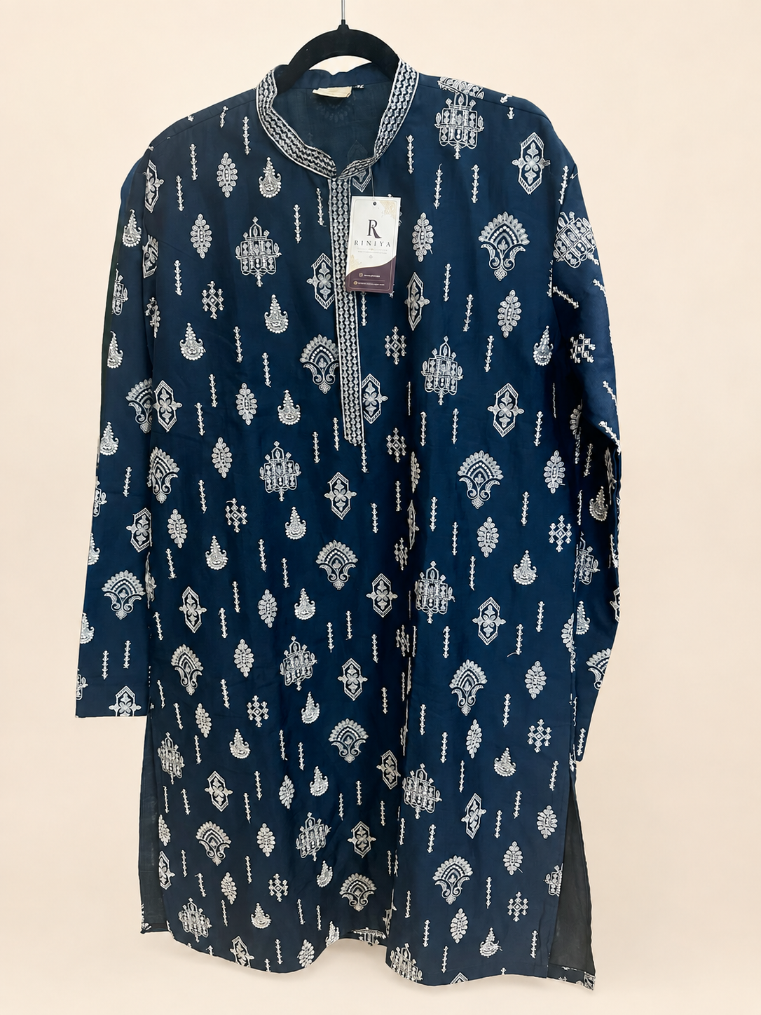 Navy Blue White Design Heavy Silk Mens