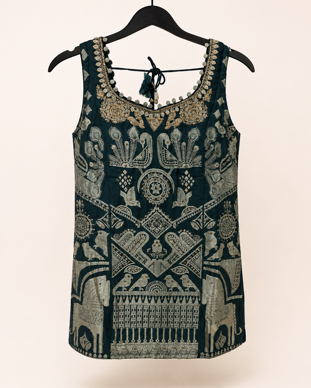 Dark Green Bird Embroidery Print Palazzo Set