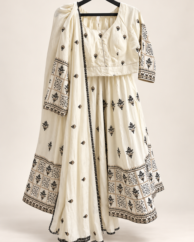 Ivory White Long Sleeve Navratri Collection Lehenga Set