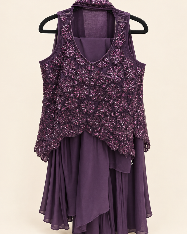Plum Purple sequence high cut palazzo set with choker dupatta