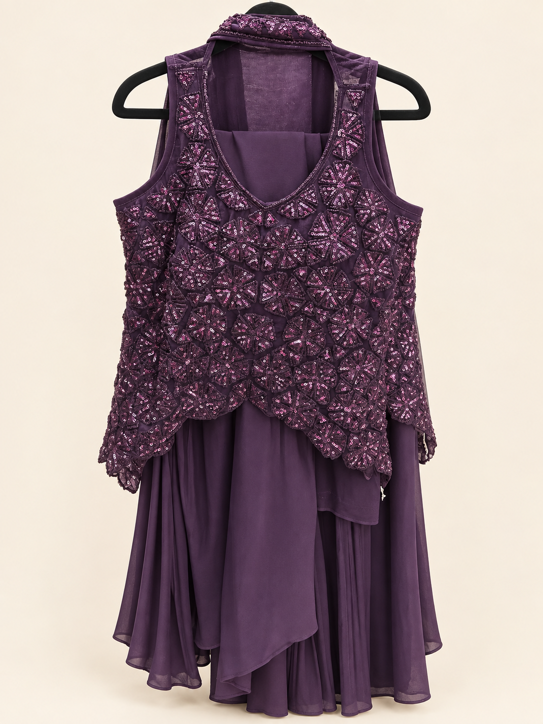 Plum Purple sequence high cut palazzo set with choker dupatta