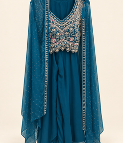 Royal Blue Studded Cape Dupatta with Heavy Stone Crop Top Palazzo Set
