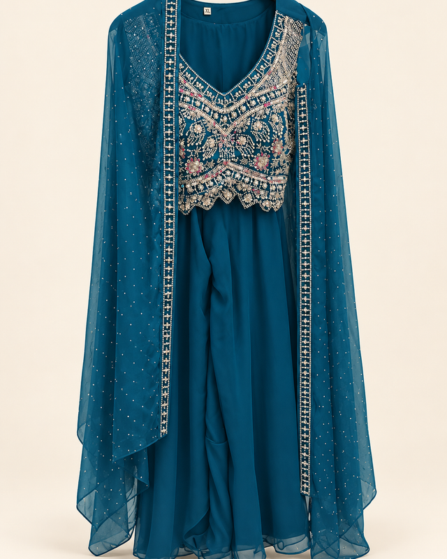 Royal Blue Studded Cape Dupatta with Heavy Stone Crop Top Palazzo Set