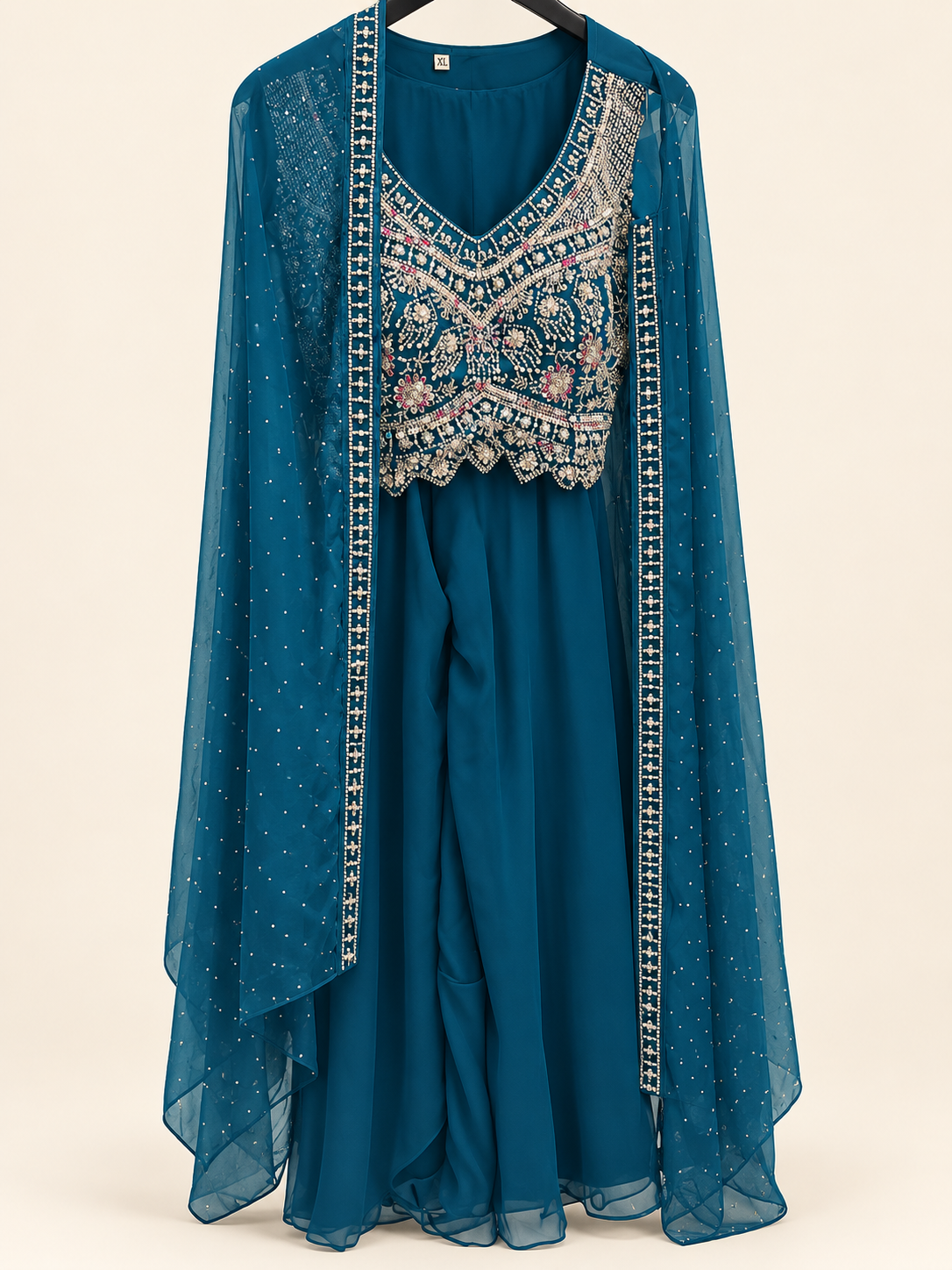 Royal Blue Studded Cape Dupatta with Heavy Stone Crop Top Palazzo Set