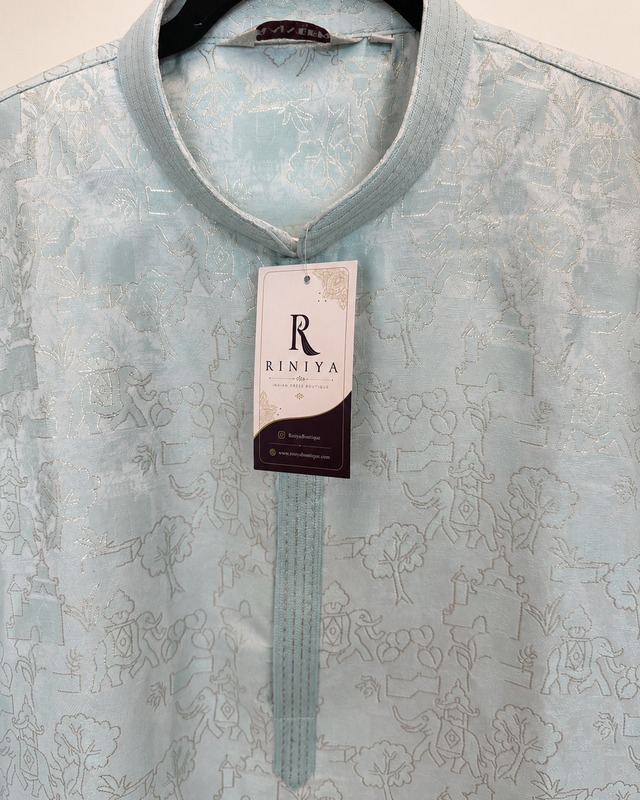 Baby Blue Traditional Elephant Pattern Deluxe Kurta