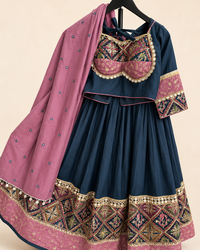 Black and Pink Garba Lehenga Set with Pink Dupatta