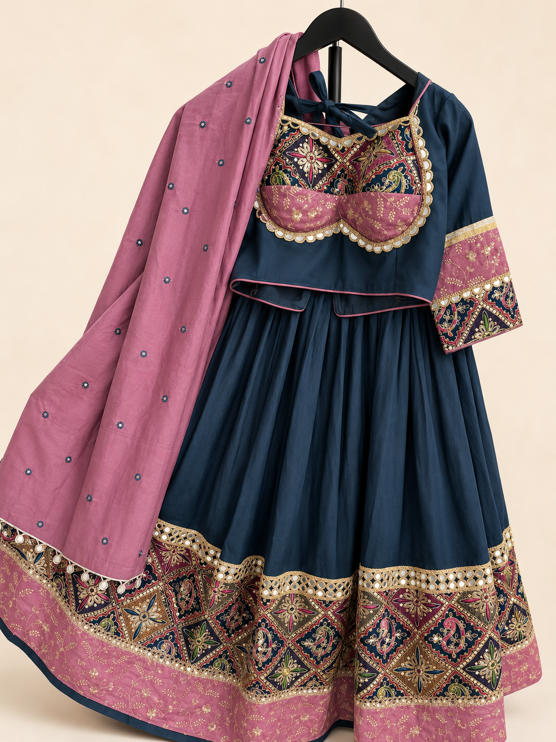 Black and Pink Garba Lehenga Set with Pink Dupatta