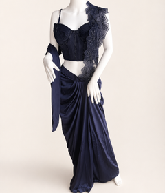 Navy Blue Wire Crop Top with Attached Flower Dupatta Pre-Stiched- Saree