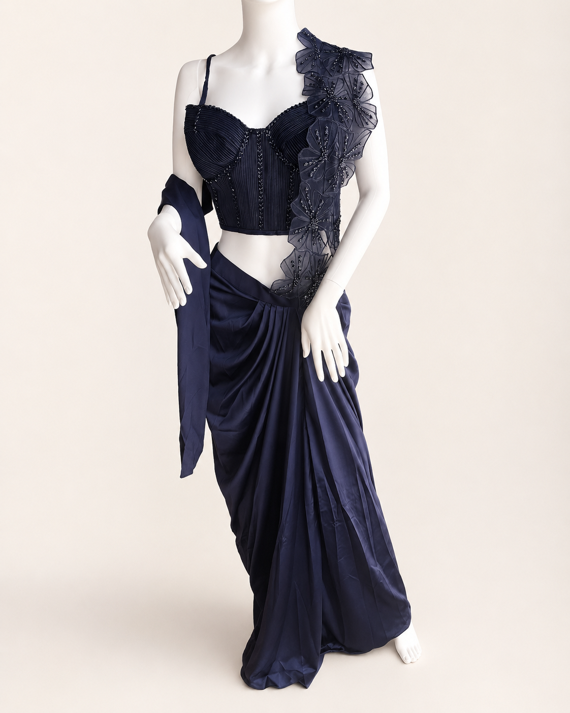 Navy Blue Wire Crop Top with Attached Flower Dupatta Pre-Stiched- Saree