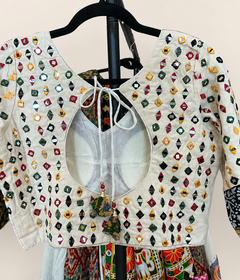 White Folk Colorful Garba Lehenga Set With Black Dupatta