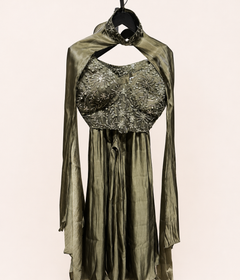 Sage Green Crystal Sheer Crop Top Palazzo & Cape Set