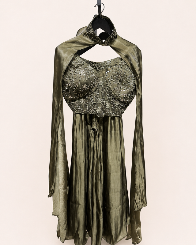 Sage Green Crystal Sheer Crop Top Palazzo & Cape Set
