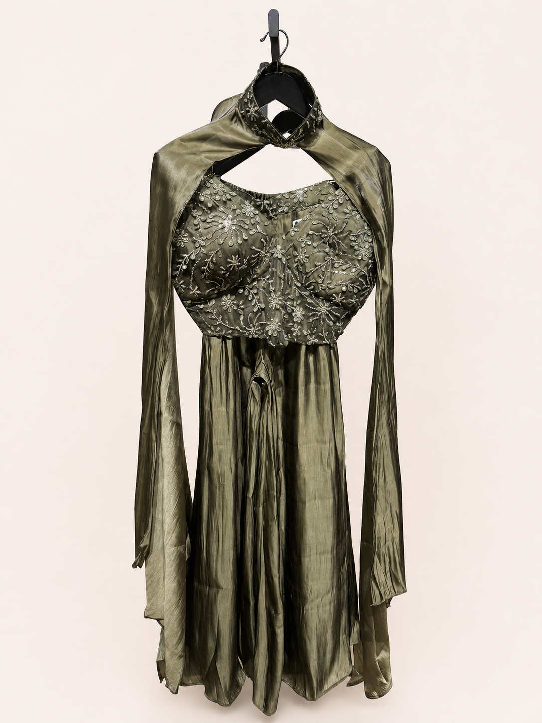 Sage Green Crystal Sheer Crop Top Palazzo & Cape Set